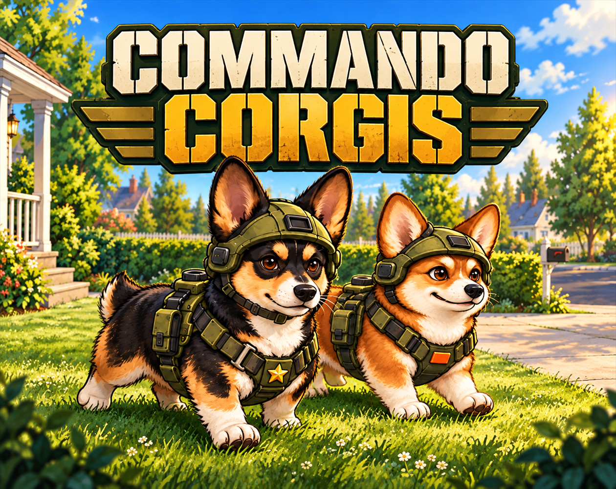 Commando Corgis promotional artwork: two corgis in combat gear on a sunny neighborhood lawn