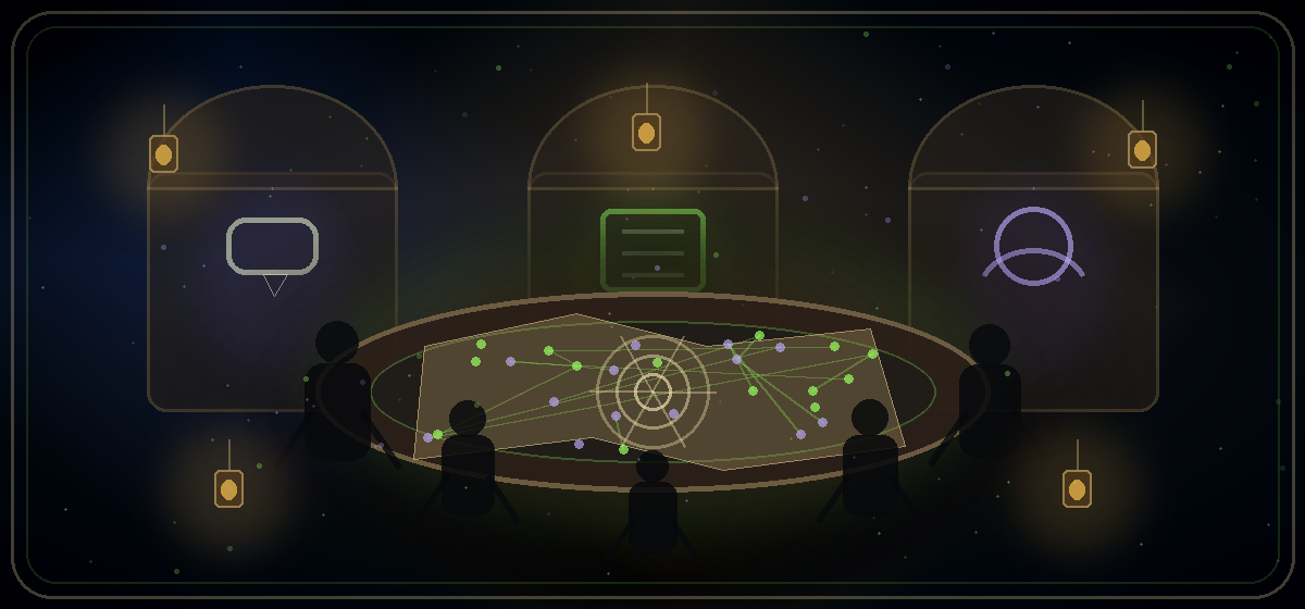 A gathering table with glowing map paths and three community doorways