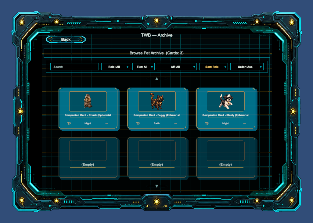 Unity prototype archive screen showing companion cards