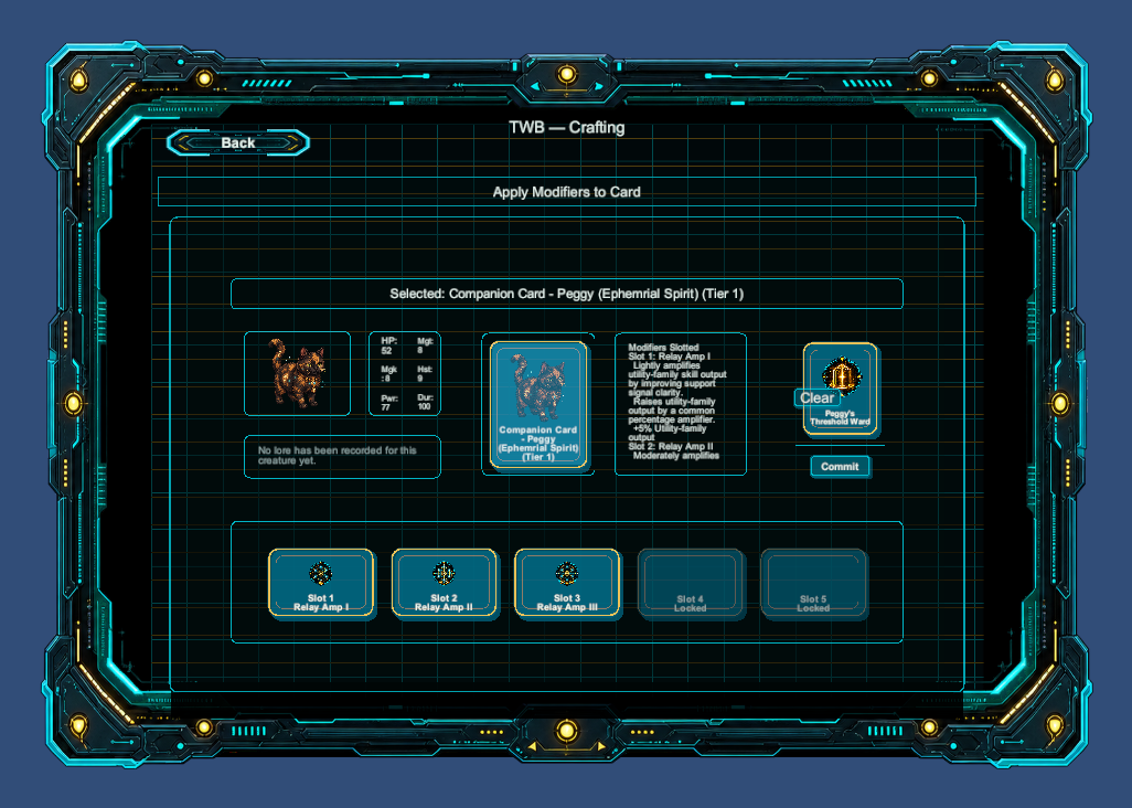Unity prototype modifier-application screen with Peggy selected and modifiers slotted
