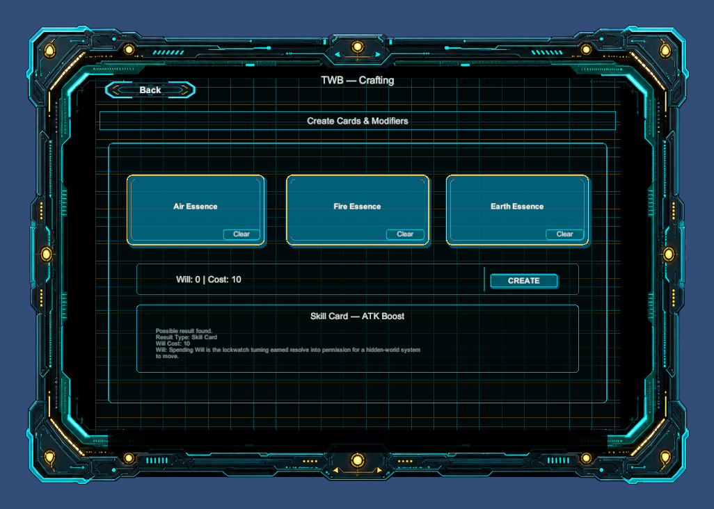 Unity prototype craft-create screen with active material selections