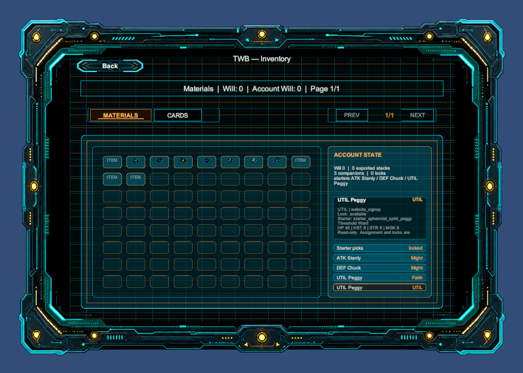 Unity prototype inventory screen showing seeded materials and account state
