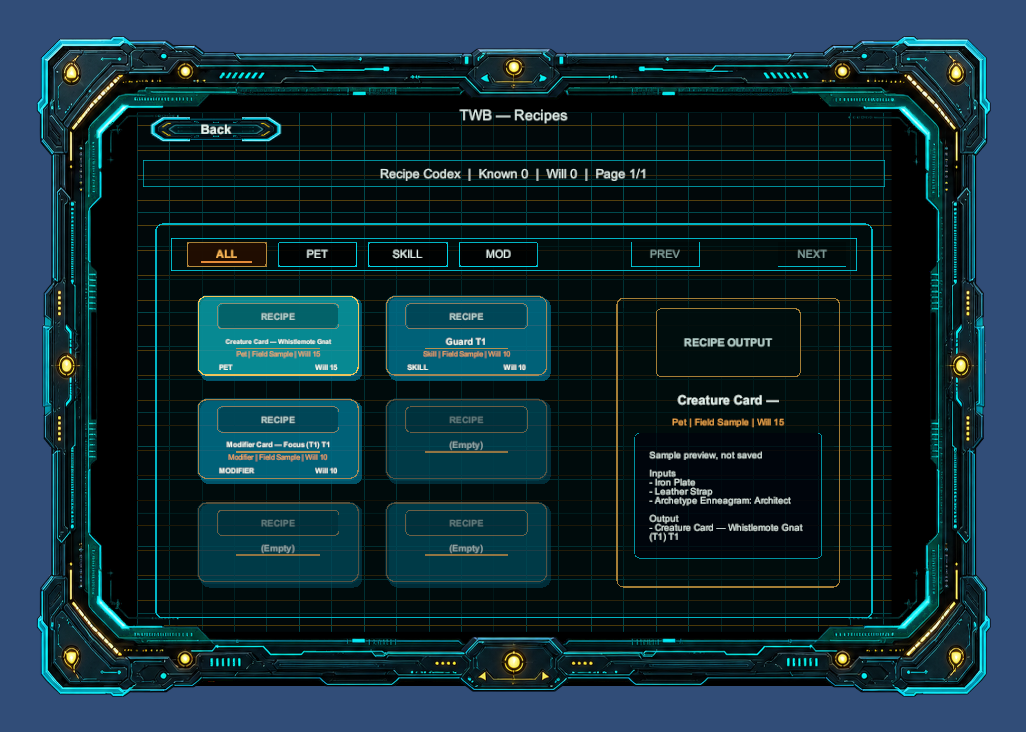 Unity prototype recipe book screen with pet, skill, and modifier recipes
