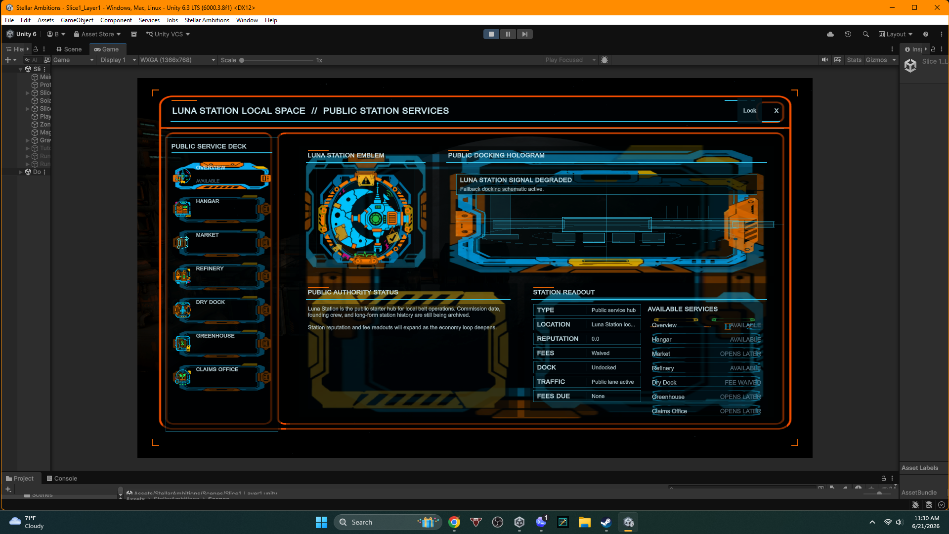 Beltbreaker prototype showing the Luna Station public services interface