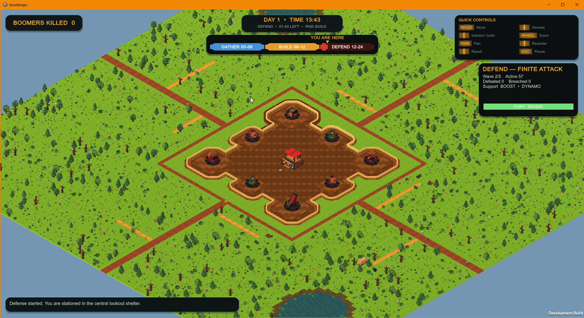 Bootstraps development build showing a top-down fort defense map