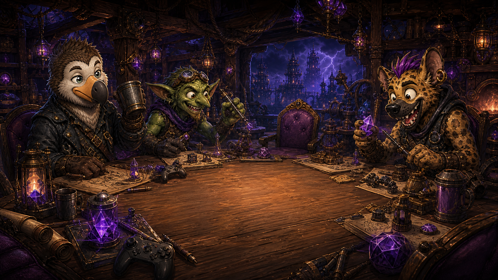 Brian’s dodo host, a goblin engineer, and a gnoll inventor gathered around an open workshop table