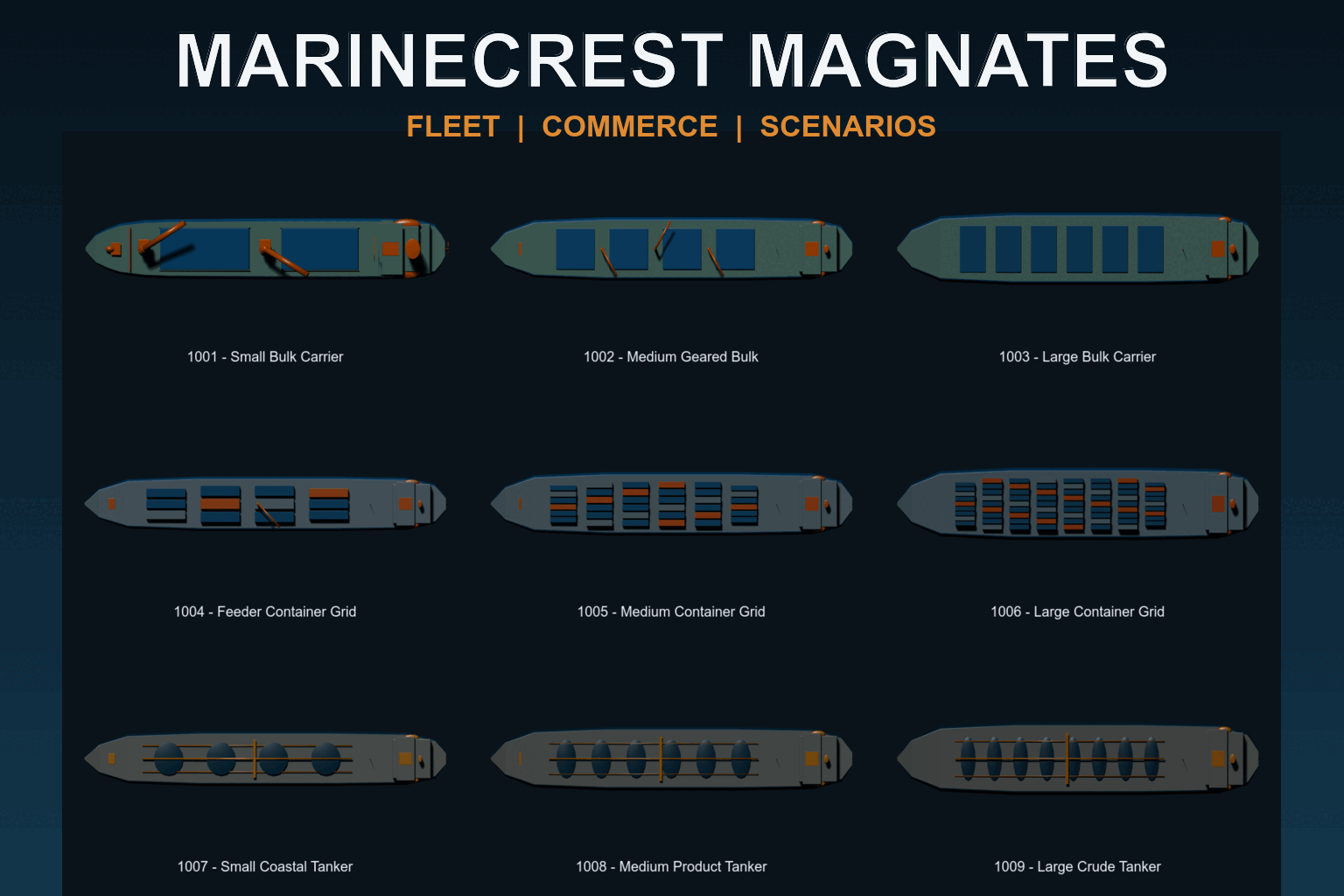 MarineCrest Magnates maritime key art with container ships and a port city