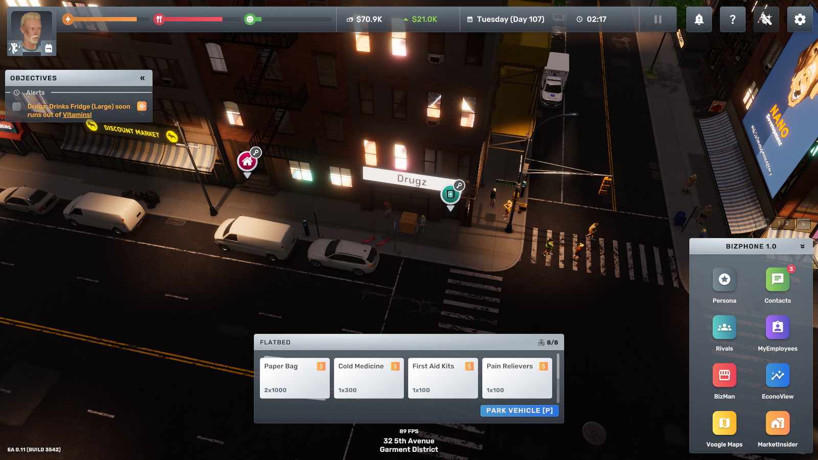 Big Ambitions gameplay showing a pharmacy storefront and medicine delivery