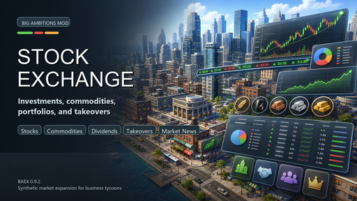 Stock Exchange mod cover with a city, market charts, and portfolio controls