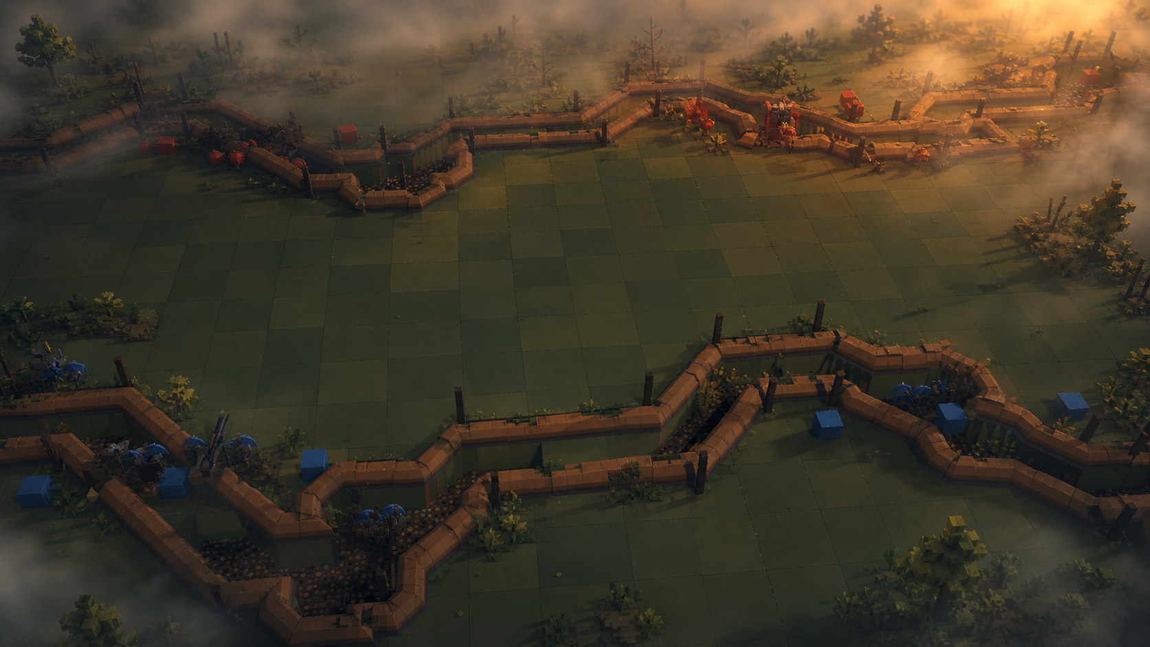 Trenchworks intro art showing two opposing trench lines at sunset