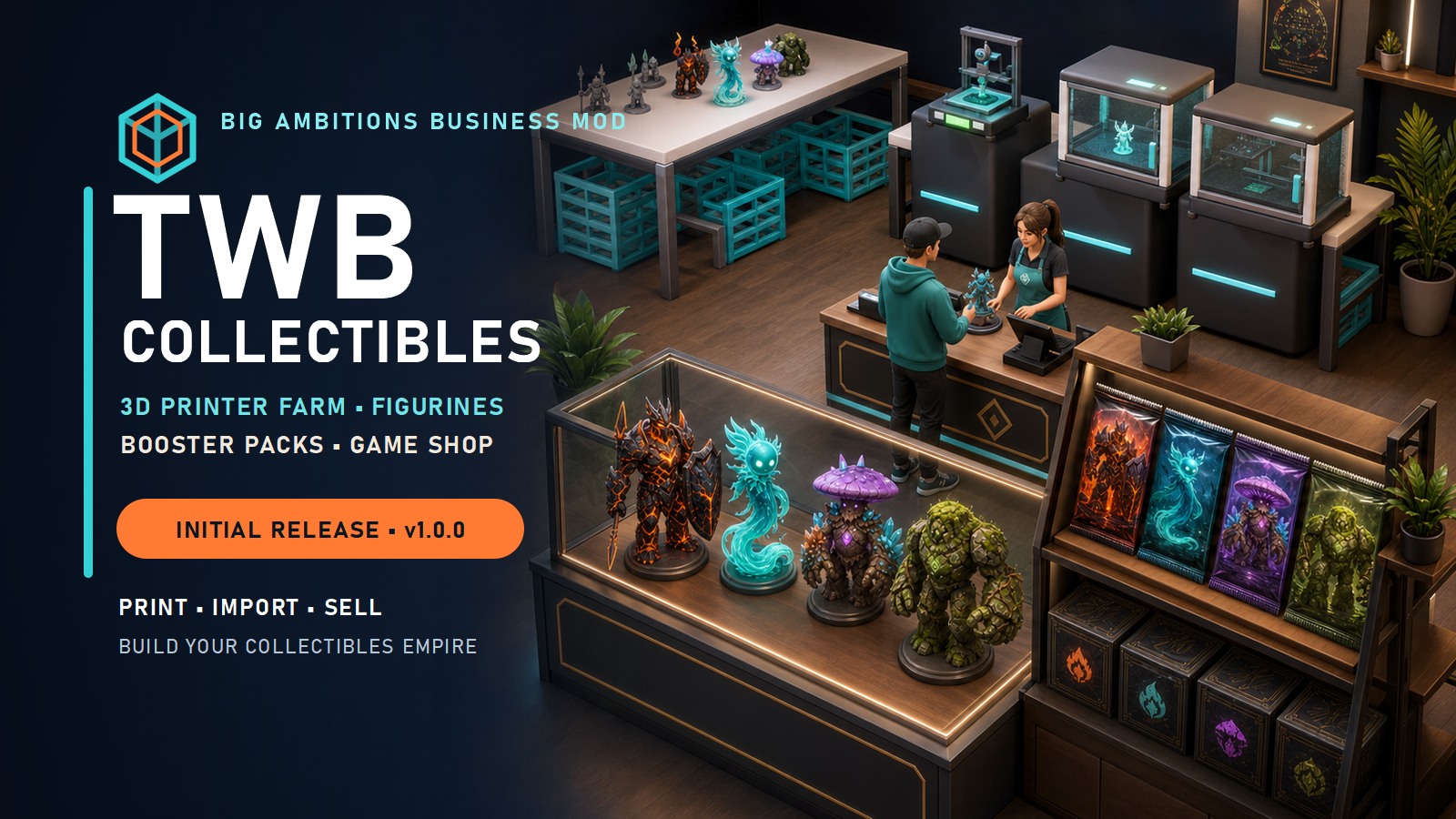 TWB Collectibles hero showing a 3D-printer farm, figurines, booster packs, and game shop