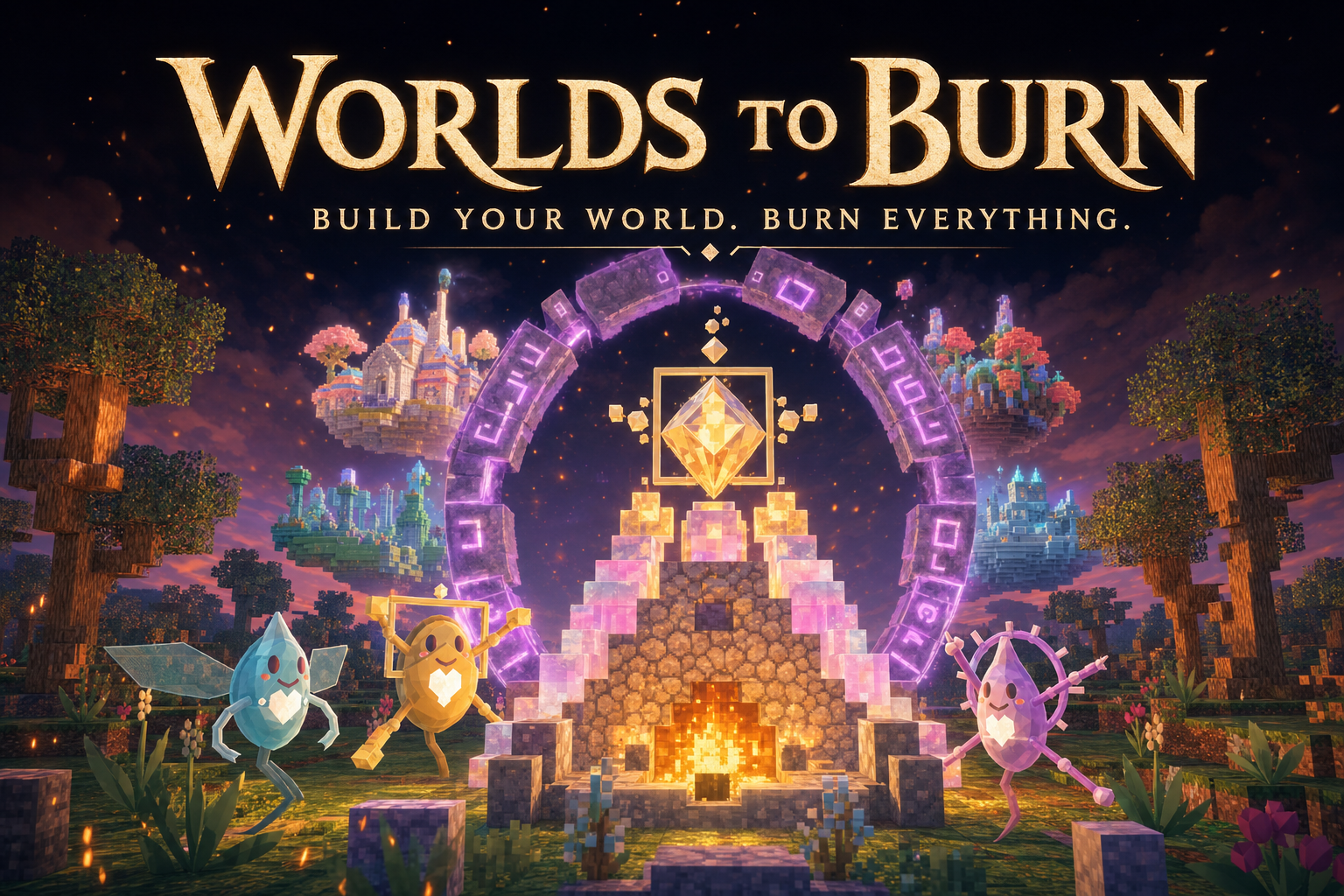 Worlds to Burn key art showing a voxel alchemist approaching a glowing stone ring